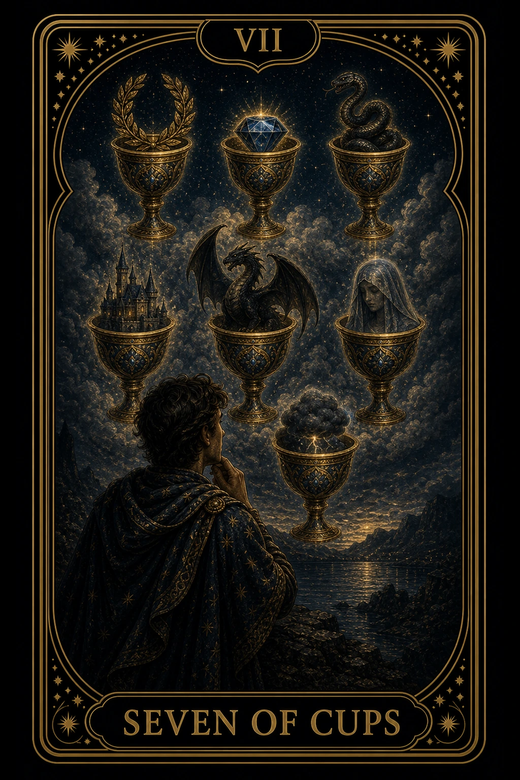Seven of Cups tarot card illustration