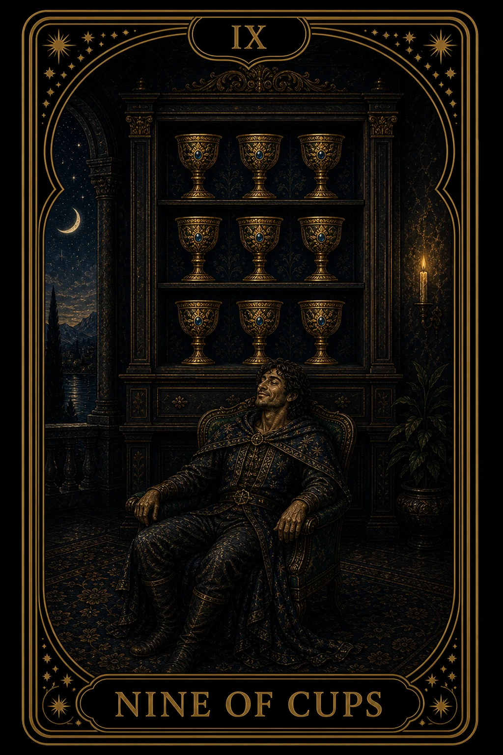 Nine of Cups tarot card illustration