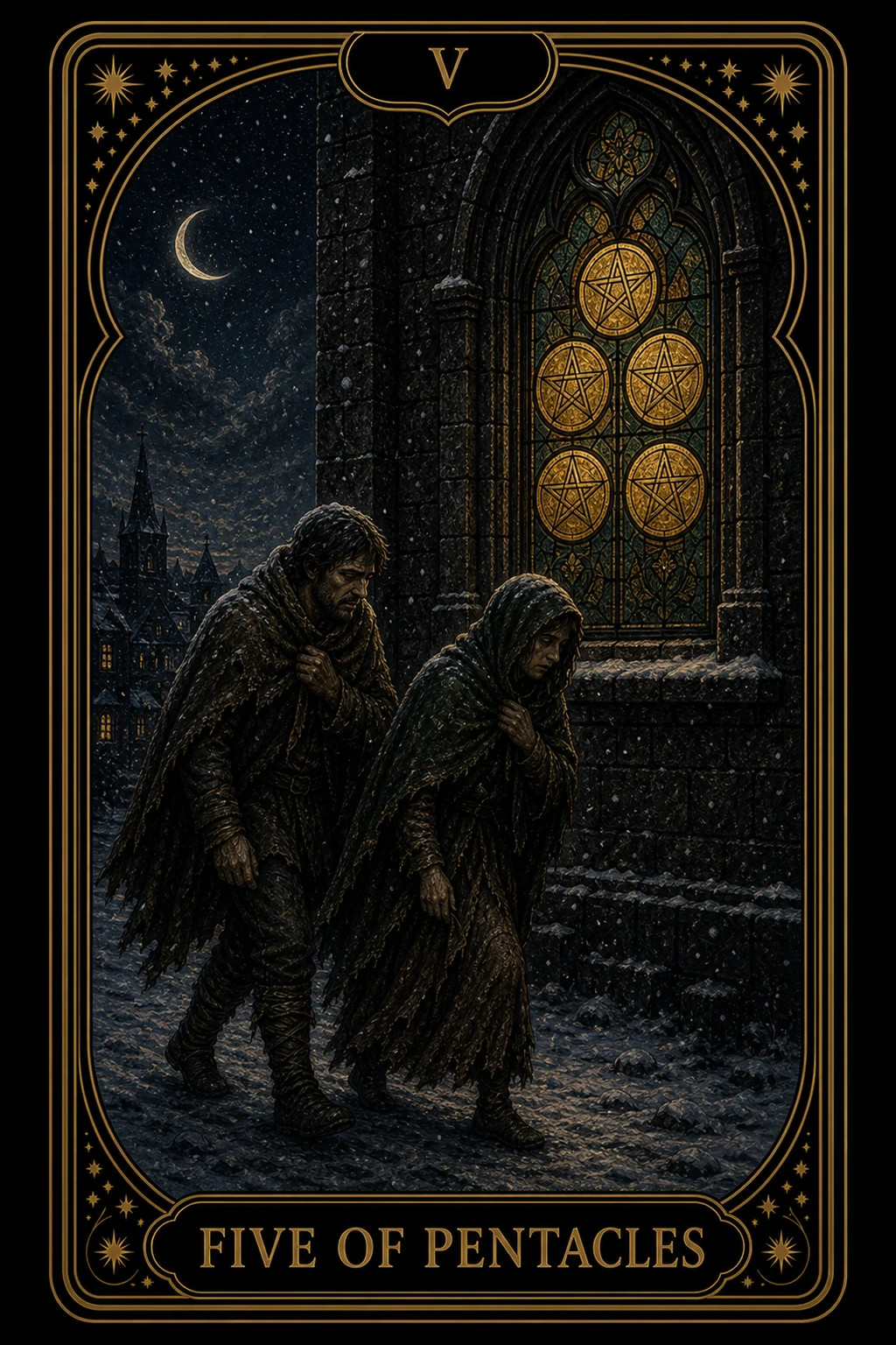 Five of Pentacles tarot card illustration