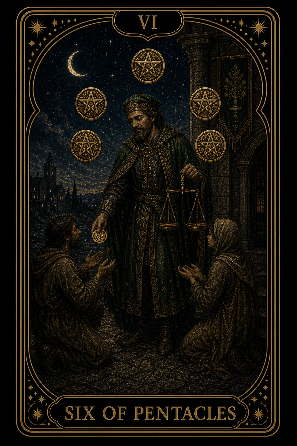 Six of Pentacles tarot card illustration