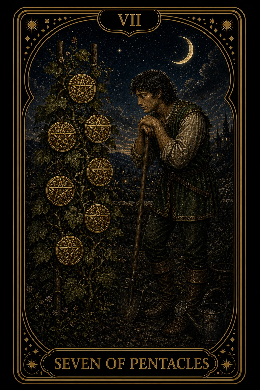 Seven of Pentacles tarot card illustration