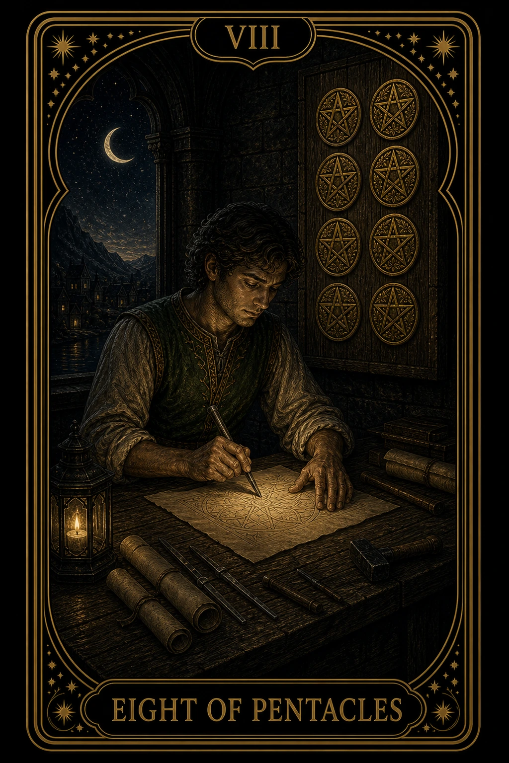 Eight of Pentacles tarot card illustration