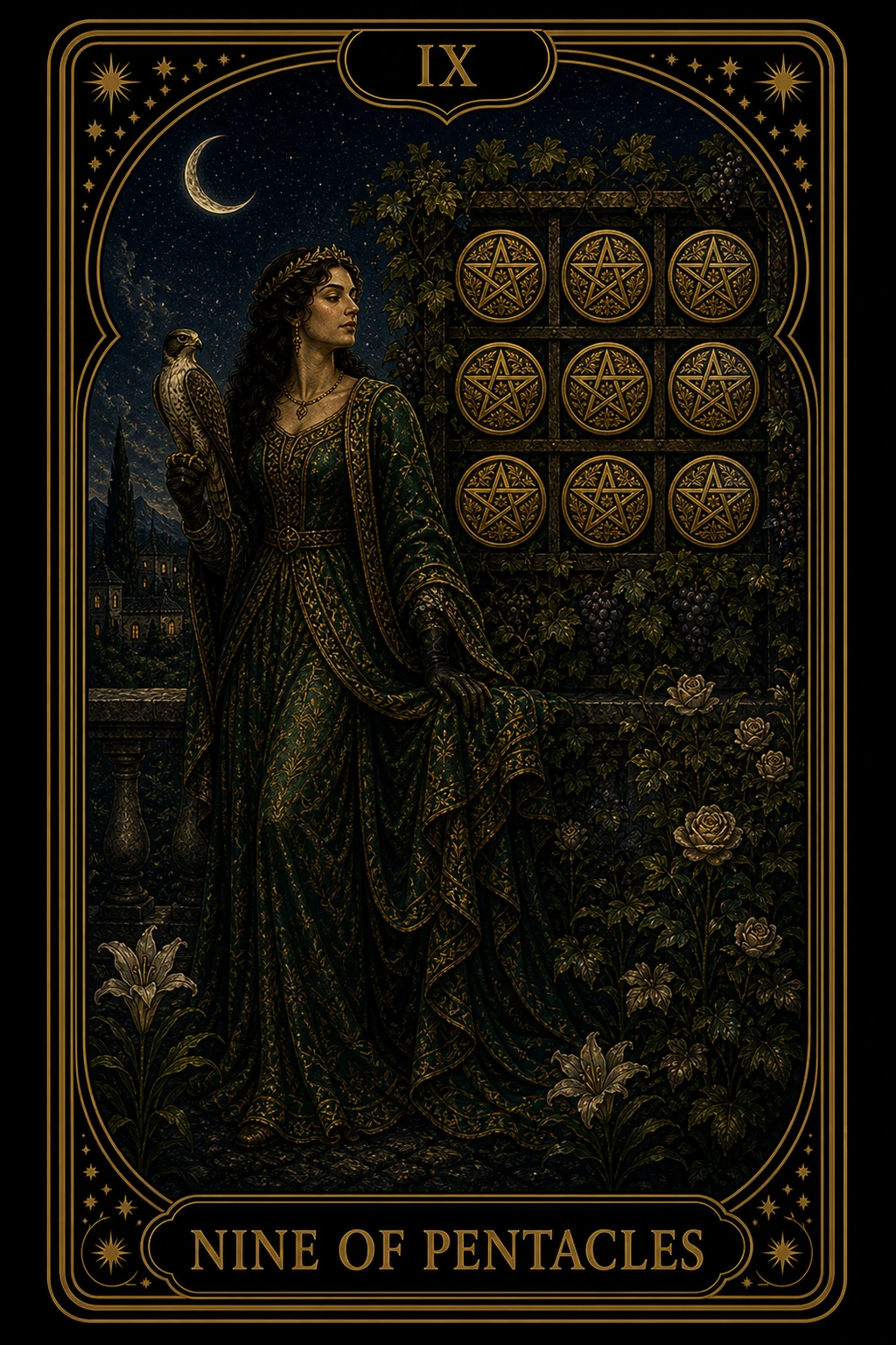 Nine of Pentacles tarot card illustration