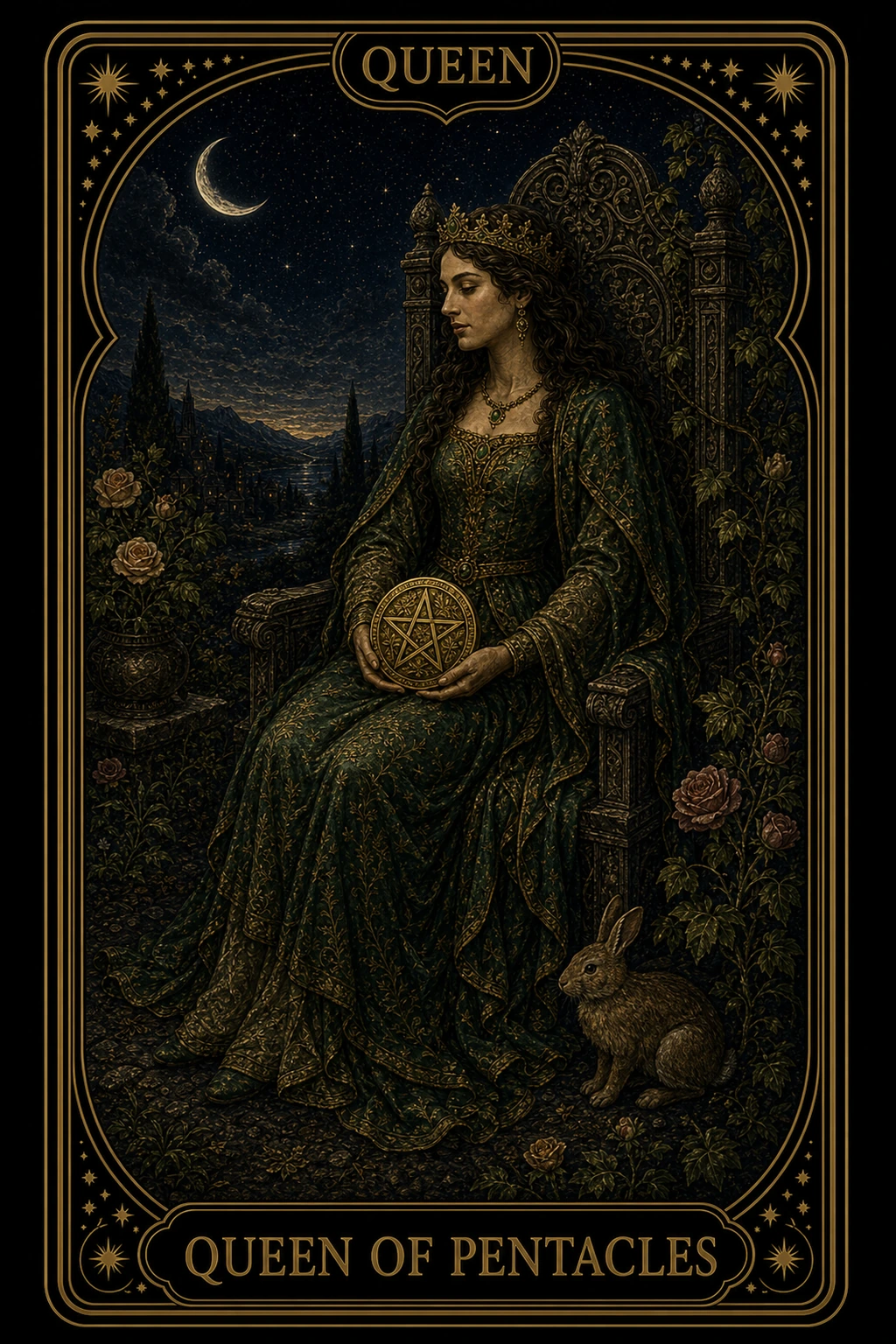 Queen of Pentacles tarot card illustration