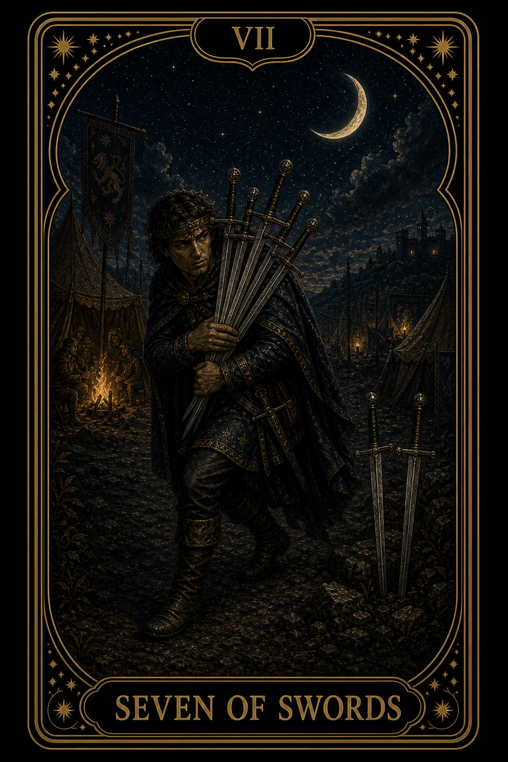 Seven of Swords tarot card illustration