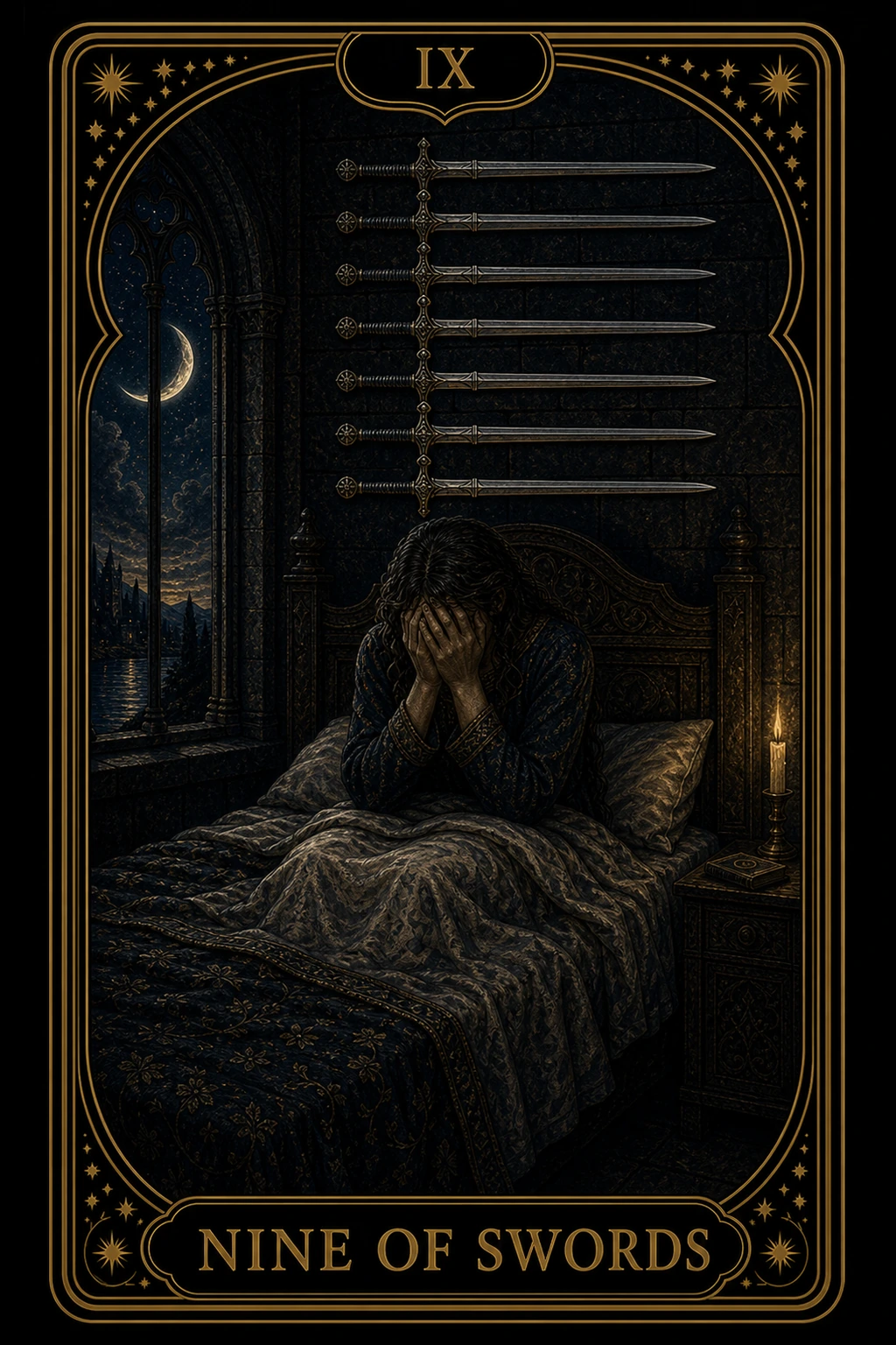 Nine of Swords tarot card illustration