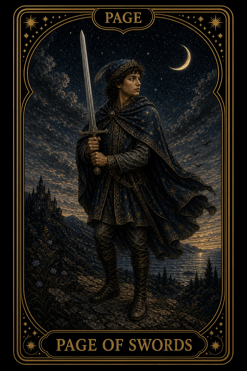 Page of Swords tarot card illustration