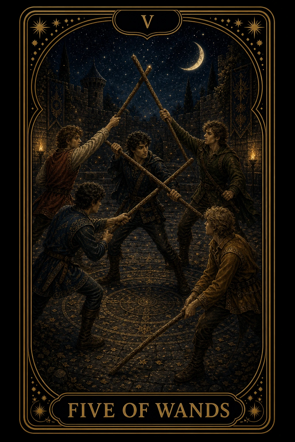 Five of Wands tarot card illustration