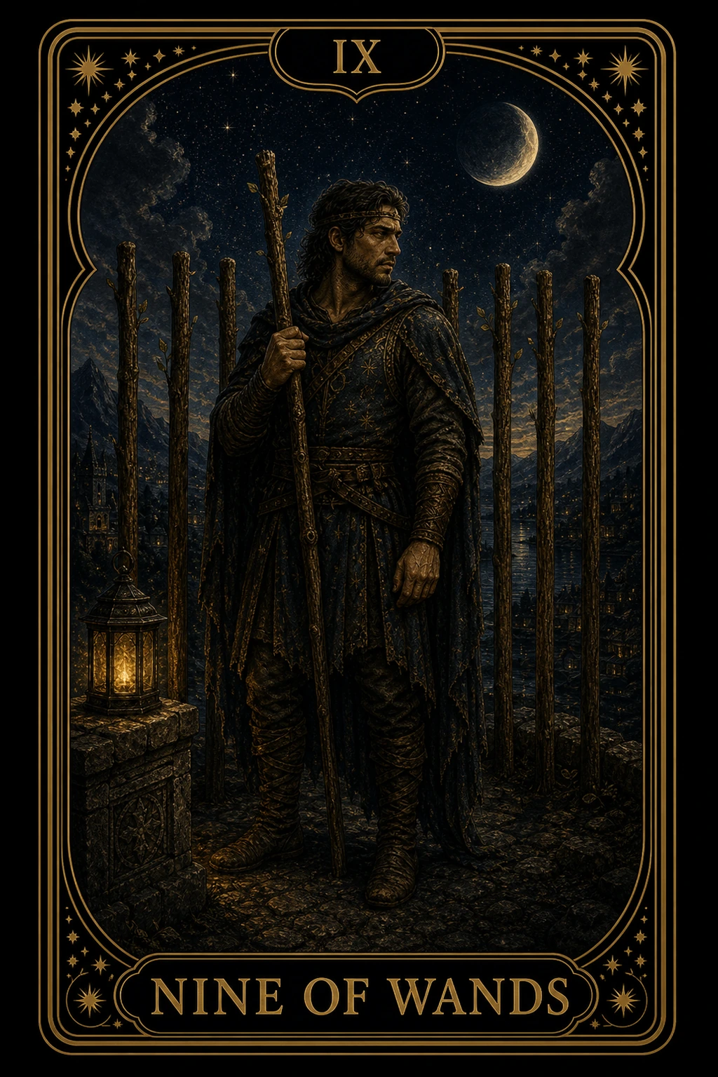 Nine of Wands tarot card illustration